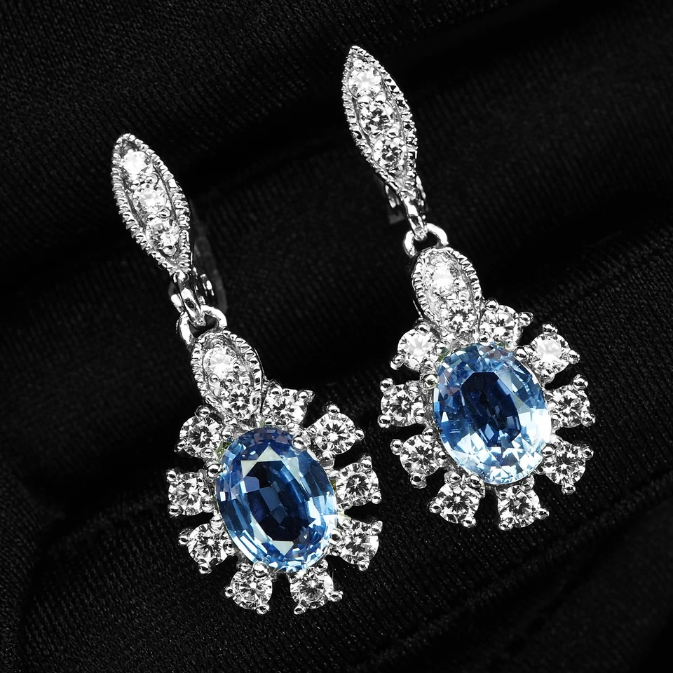 Orecchini in argento sterling 925 oro bianco fiordaliso incontaminato zaffiro... - Immagine 2 di 4