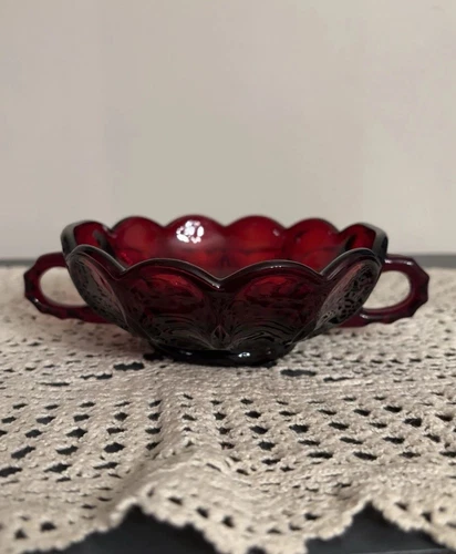 Vintage Anchor Hocking Red Glass Candy Dish Scalloped Edges And Handles