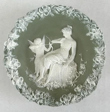 Antique Schafer & Vater Green Jasperware Wall Plaque Cupid & Maiden