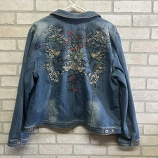 Christopher & Banks Floral Embroidered Denim Trucker Jacket Womens Size XL Denim
