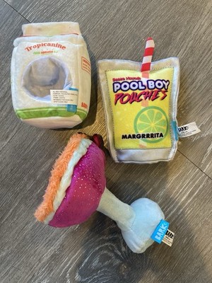 Bark Box ONLY Dog Toys Squeakers Lot 3 Beverages Drinks Pouch Pool Boy OJ Marg