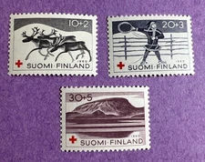 Finland 1960- MNH Scott B157-B159. Reindeer, Lapp & Lasso, Mountains. Red Cross.