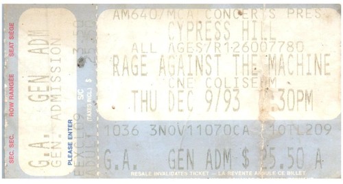 Cypress Colline Rage Against The Machine Ticket Stub Décembre 9 1993 Toronto - Photo 1 sur 2