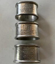 Set of 3 Vintage ARTE ITALICA Pewter 2" Oval Napkin Rings Holders Floral Etching