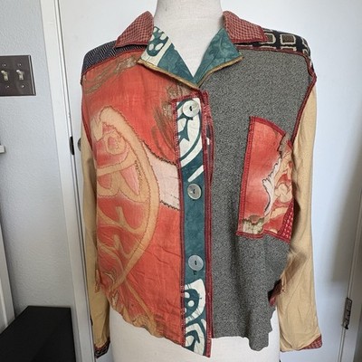 Vintage Faith Patchwork Mixed Media Art to wear Womens Blouse Shacket Medium