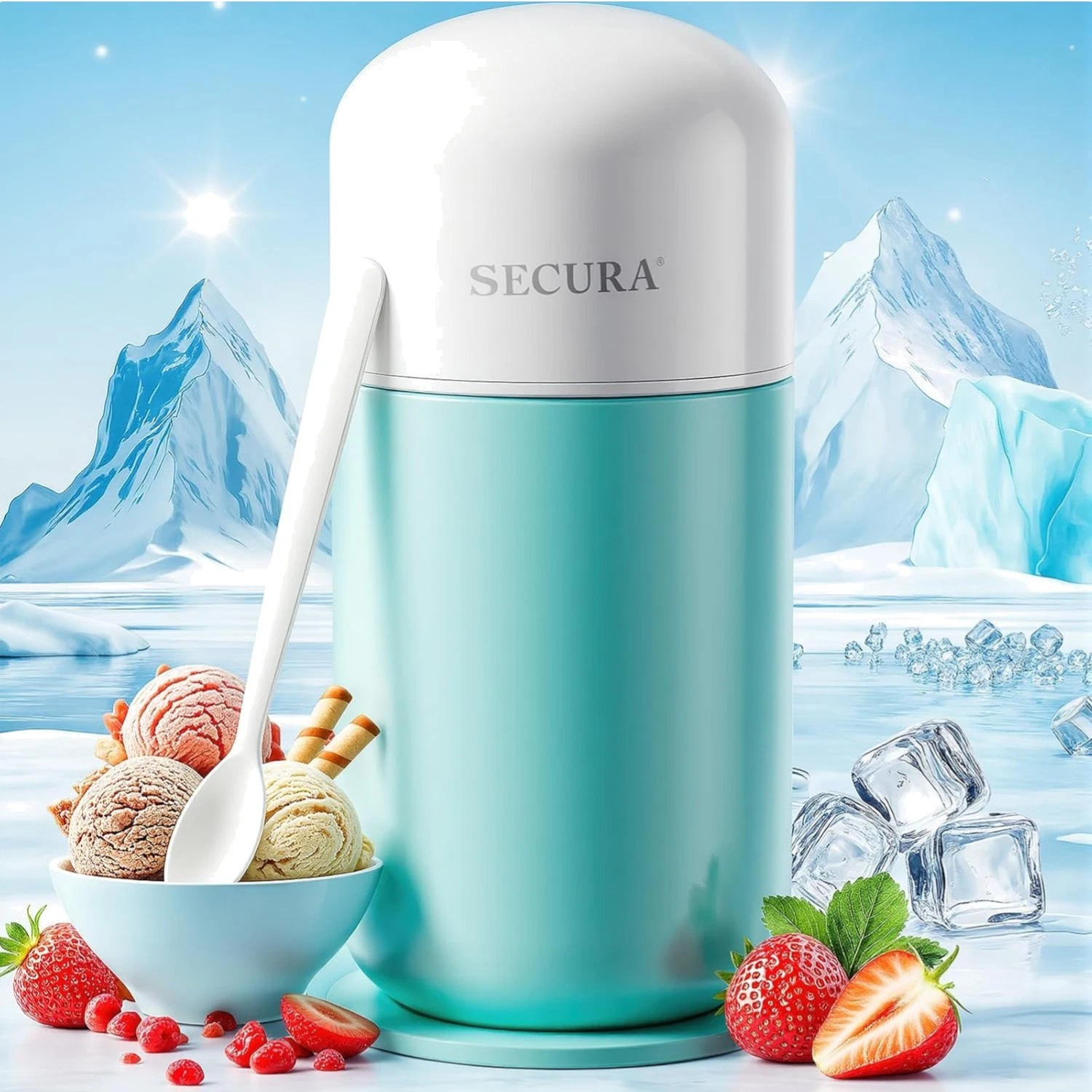 Automatic Mini Ice Cream Maker with Mixing Spoon & Recipe Book - Aqua 0.4QT