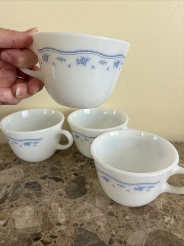 Vintage Pyrex Corning Corelle Morning Blue Floral Milk Glass Coffee Tea Cup Mug