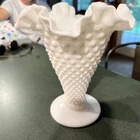 Fenton White Milk Glass Ruffled Crimped Hobnail Trumpet Vase c1970s USA 7.75"t