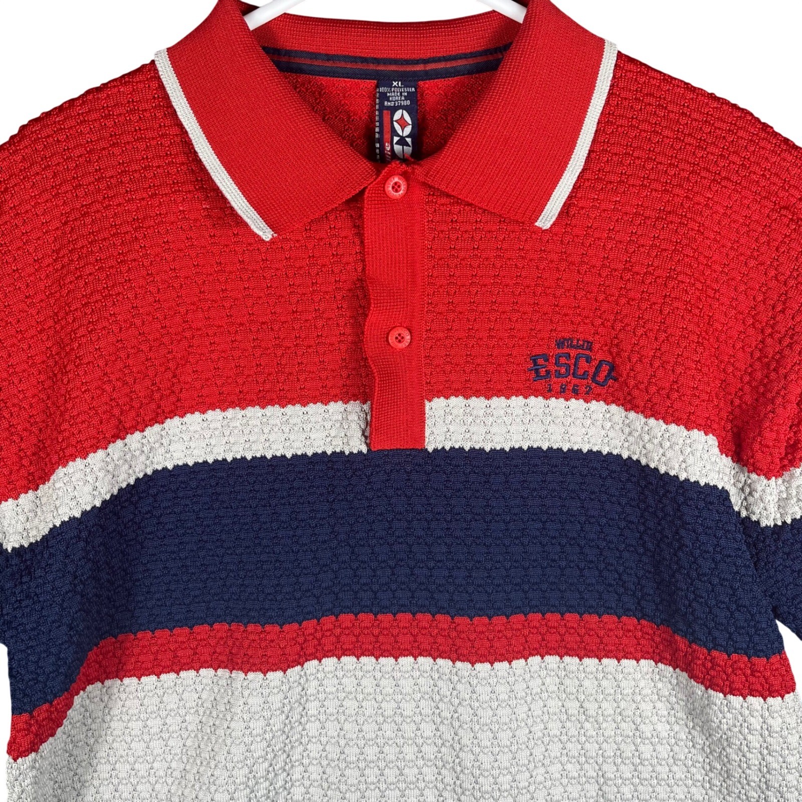 Willie Esco Polo Shirt Mens XL Red White Blue Colorblock Textured Knit Vintage