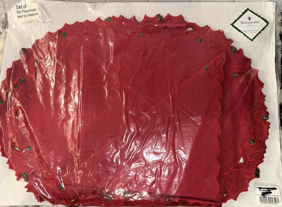 12 piezas Nuevas servilletas rojas de Navidad Waterford manteles individuales de lino sin usar, en paquete recortes de Poinsetta Foto 4 de 4