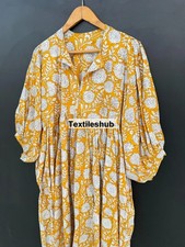 100 Cotton Yellow Floral Printed Maxi Gown, Deep Neck Dress Women's Clothing US