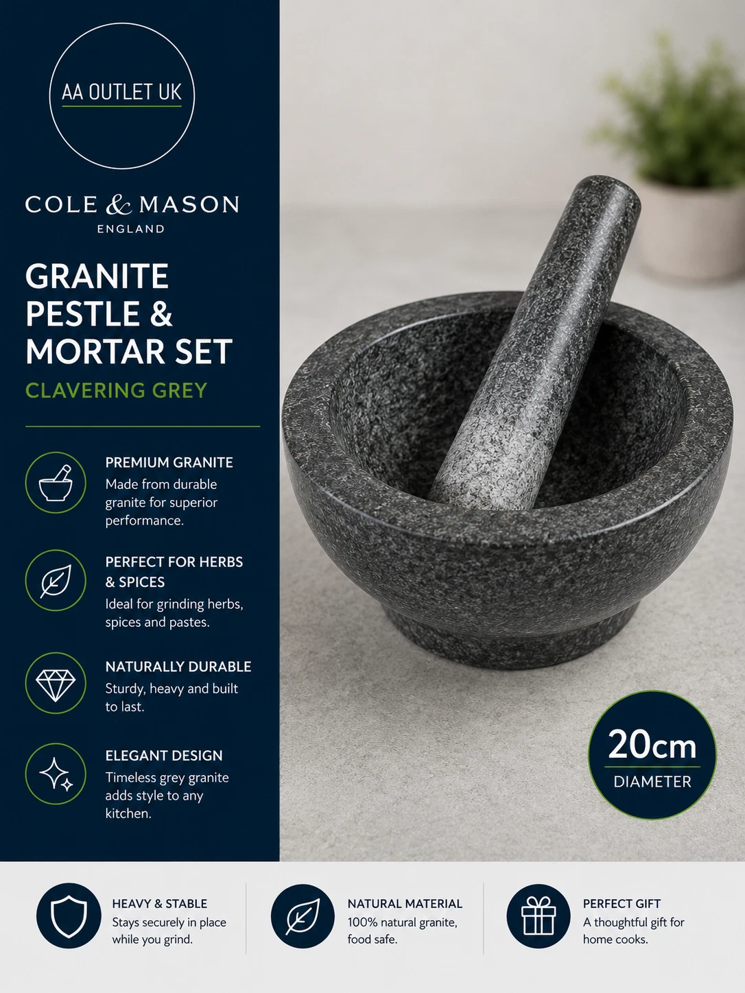 Cole & Mason Clavering Grey Pestle Mortar Set Spice Grinder Herb Grinder