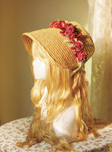 Victorian Women Straw Bonnet Hat with Red Floral Sweet Lolita Girl Tea Party Hat - Picture 1 of 8