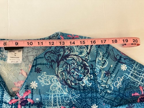 Baby Phat Scrub Top Women's Large Blue White Pink Floral Abstract V-Neck - Picture 6 of 8