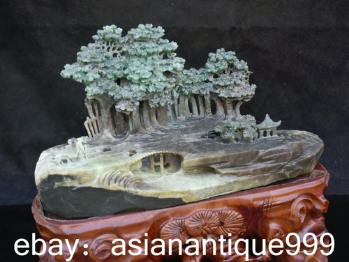 10" Altechinesische natürliche Dushan Jade Schnitzen Berg Landschaft Baum Statue - Bild 7 von 13