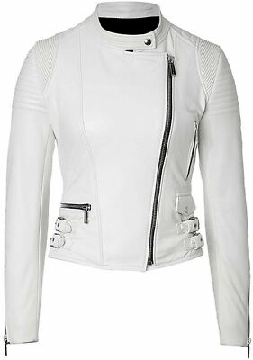 Damen weiße Lederjacke 100% echtes Lammleder Leder Biker Motorrad