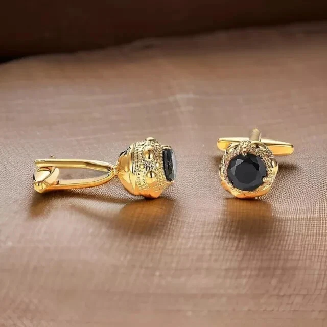 Lab Created Black Diamond 3Ct Round Cut Men's Cufflinks 14K Yellow Gold Plated Foto 2 de 4