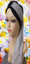 Pretty Black Chemo Cancer Hat Hair Loss.Cotton Turban, with Fancy Silver Scarf