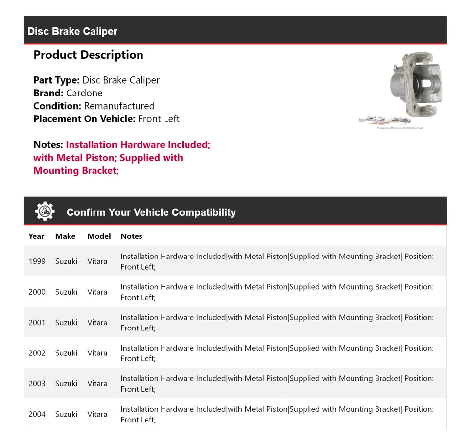 Pinza de freno de disco delantera izquierda cardone 2000 2001 2002 para Suzuki Vitara 1999-2004 Foto 2 de 4