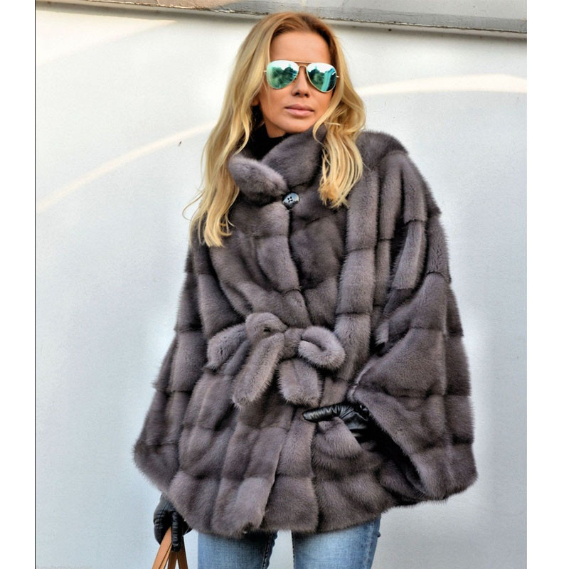Women Real Natural Poncho Cape Waist Belted Whole Skin Mink Fur Coat Warm Jacket