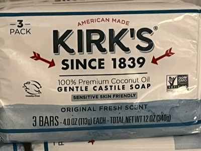 Kirk's Castile Soap Premium Coconut Oil Sensitive Skin Fresh Scent 12 Bars 4 Oz