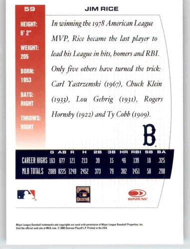 2005 Donruss Team Heroes Jim Rice Insert MLB PWE Heros Red Sox #59 - Picture 2 of 2