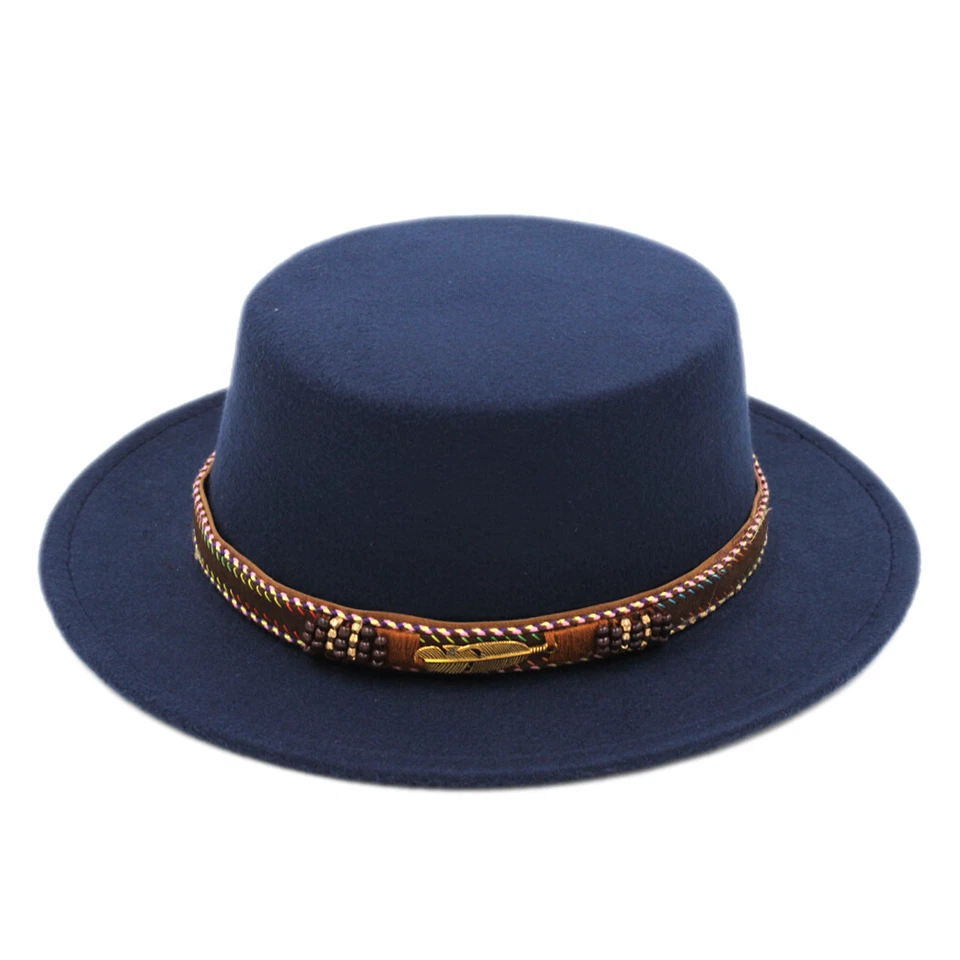 Unisex Boater Marinero Sombrero Pork Pie Bowler Iglesia Gorra Ala Plana Marrón Cuero Banda Foto 4 de 4