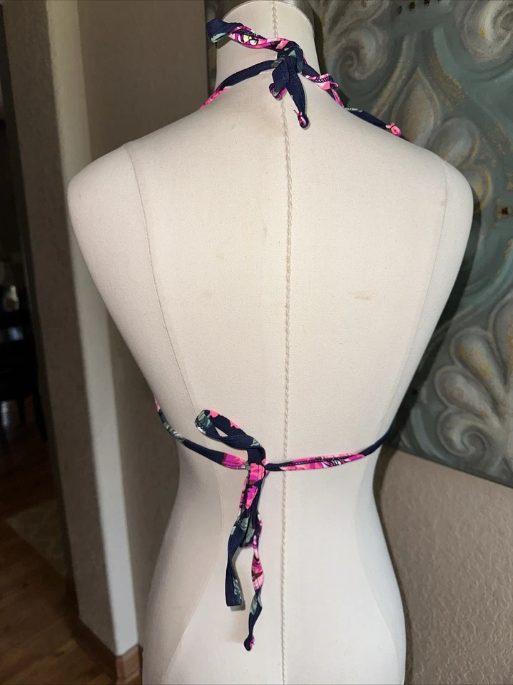 XHILARATION BIKINI SWIM TOP M D-DD Pink Blue Floral Criss Cross Halter - Image 4 of 4
