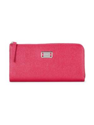Tod's Wallet Fuchsia Continental Zip Around Pebbled Leather Logo NWT