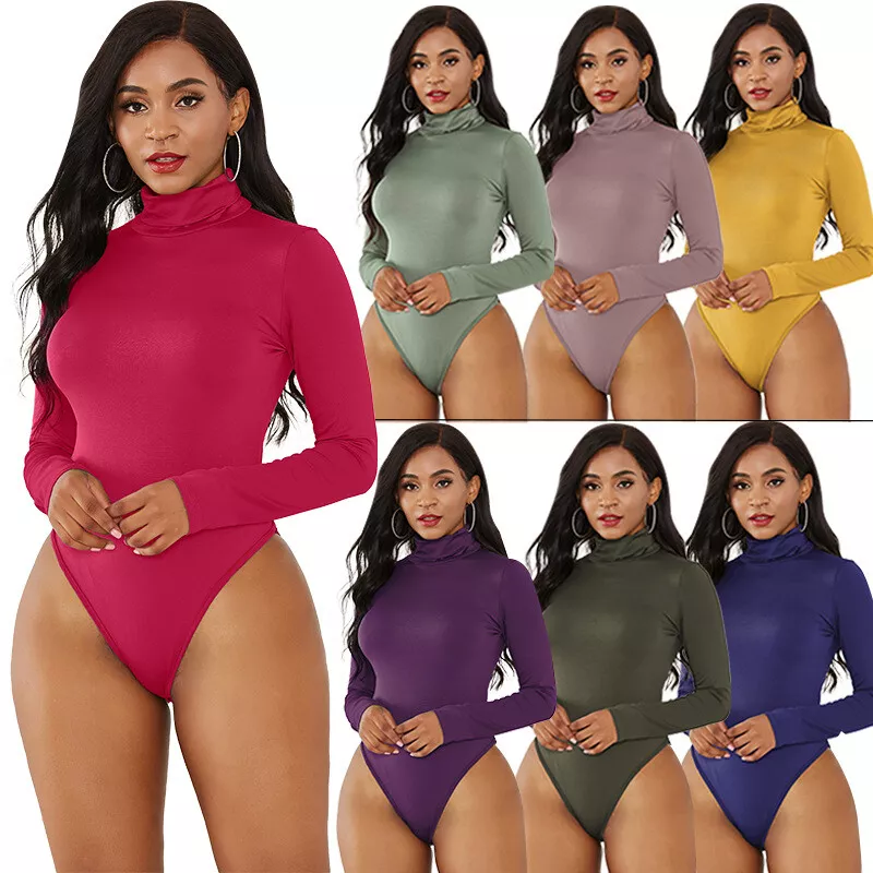 Ladies Women Long Sleeve Turtleneck Stretch Leotard Tops Blouse