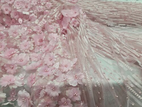 Pink Beaded Lace Fabric By The Yard 3d Floral Flowers Embroidery Lace Fashion - Picture 2 of 8