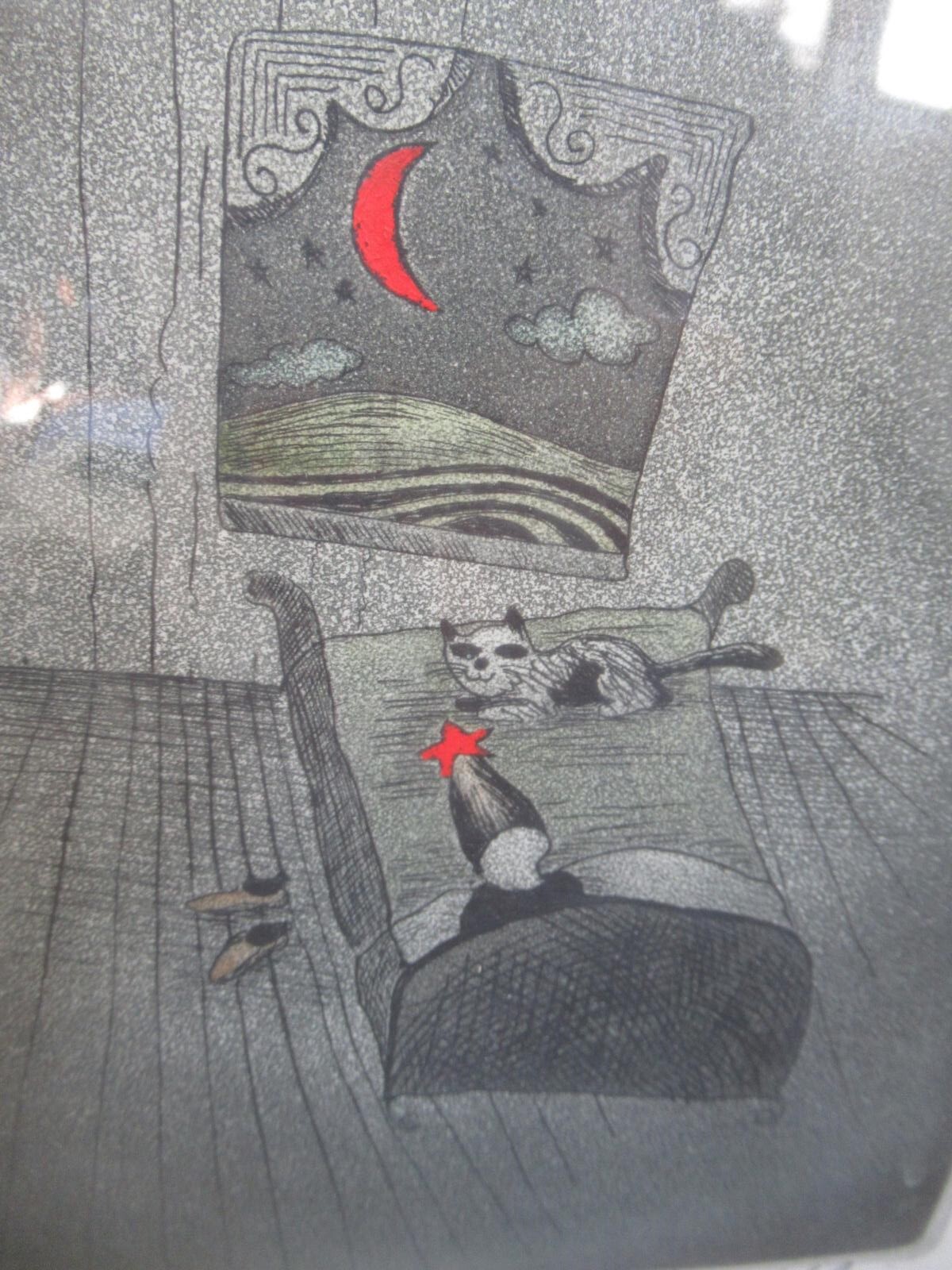 Peter Barger Signed Framed Etching Cat On Bed Limited Edition 50/150-image
