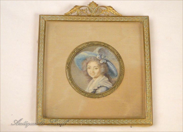 Miniatura Pintada, Mujer Con Sombrero, Marco Dorado, Siglo XIX