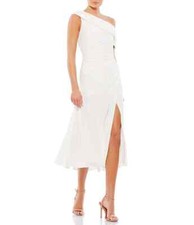 Mac Duggal White Foldover Ruched One-Shoulder Chiffon Midi Dress Size 4 $298