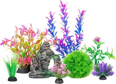 Ameliade Aquarium Decorations Fish Tank Artificial Plastic Plants & Cave Rock De