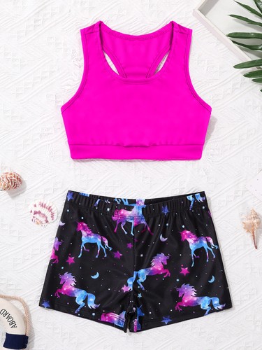 Kids Girls Two Piece Sport Dance Outfits Gymnastic Crop Top Bra with Shorts Set - Picture 40 of 84