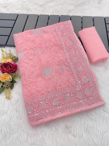 Designer Pink Embroidered Faux Georgette Saree For Women, Thread, Sequin, Jari - Picture 7 of 13