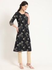Black Floral Print Cotton Fabric A-Line Kurta for Women Ethnic Kurti Plus Size