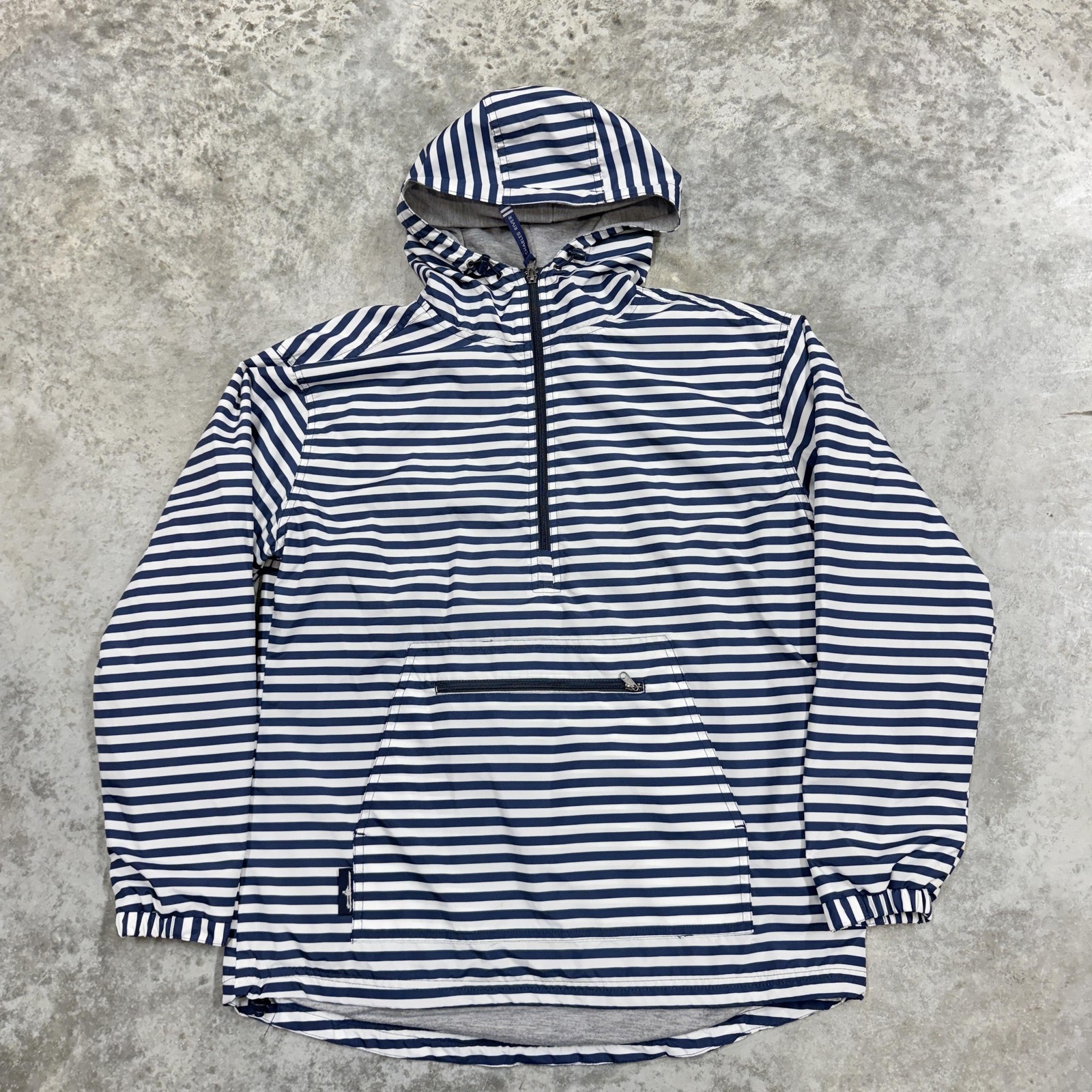 Charles River Apparel Jacket Mens Medium Navy White Stripe Hooded Windbreaker