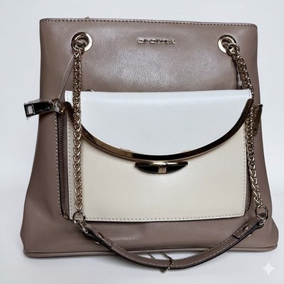 Cromia Italy 141765 Sabbia Leather Designer Tote Taupe Ivory Gold Chain Bag NWT