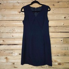 Elie Tahari Navy Blue Textured V-Neck Sheath Dress Exposed Back Zip Size 8