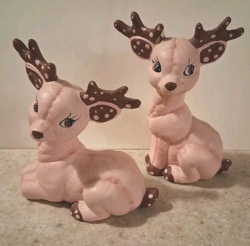 2 Vtg. Christmas Ceramic Pink Reindeer Quilted Hand Painted Kimple Deer Repaired