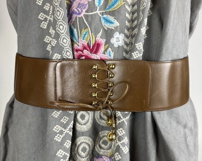 Used CELINE Paris Brown Leather Corset Lace up Waist Cincher Belt Vintage SZ 90 Celine Brown Leather Macadam Buckle Belt 70CM Celine | TLC US main image 3