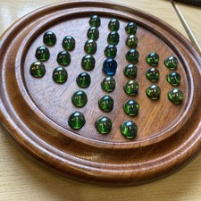 24 cm Diameter Wooden Solitaire Board Game Glass Cats Eyes Green Marbles