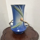 Roseville Pinecone Blue  Ceramic Art Pottery Vase Decorative Branch Handles