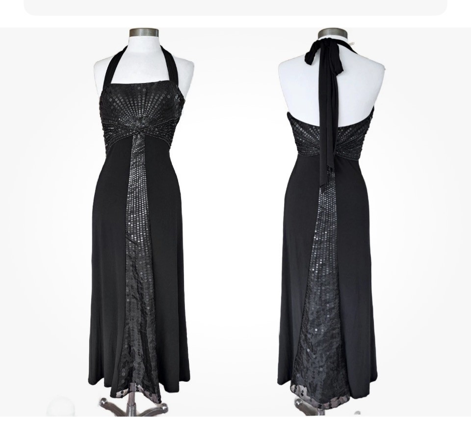 SUE WONG Vintage Black Sequin Halter Maxi Dress Size 2 Art Deco Formal Cocktail SUE WONG Vintage Black Sequin Halter Maxi Dress Size 2 Art Deco Formal Cocktail