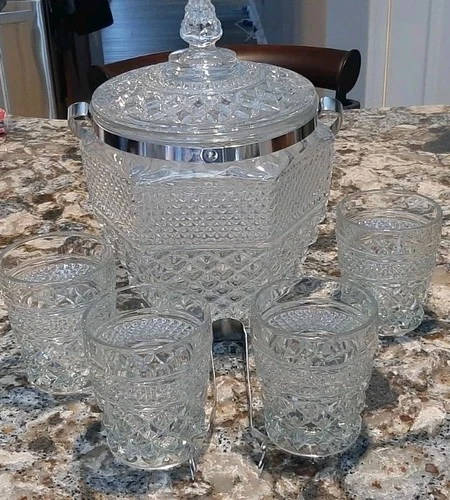 Vintage MCM Anchor Hocking Wexford Glass Ice Bucket W/4 Matching Rock Glasses