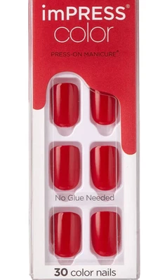KISS IMPRESS COLOR PRESS-ON NAILS GEL MANICURE SHORT REDDY OR NOT GLOSSY RED
