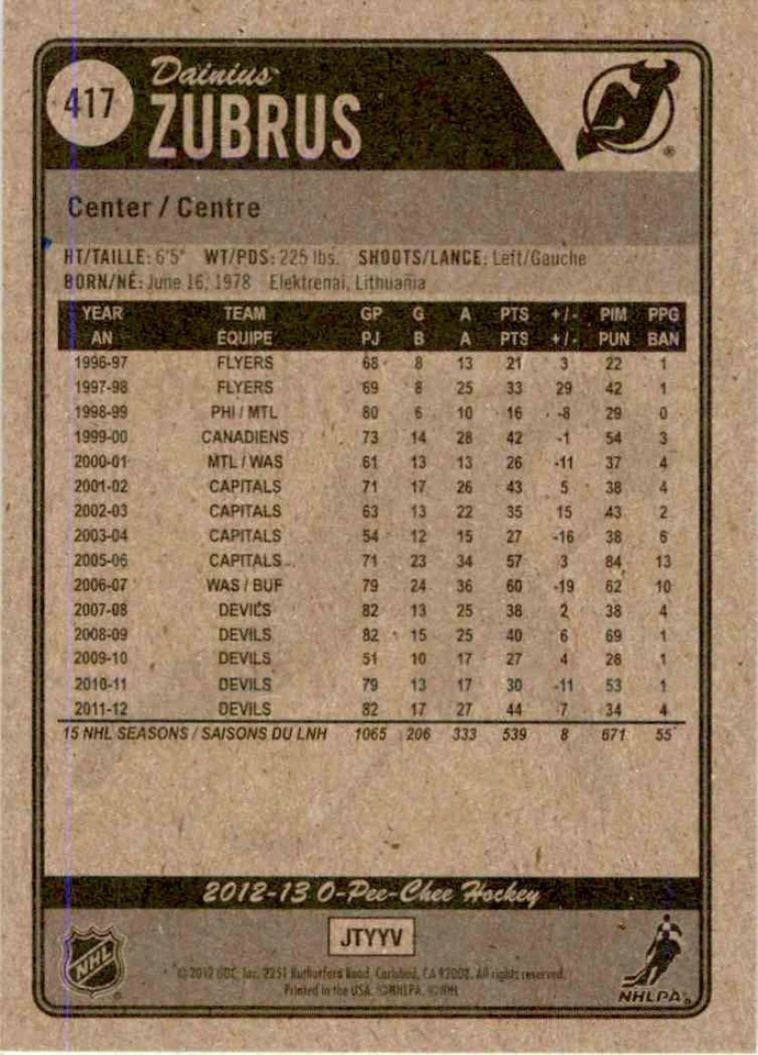 2012-13 O-Pee-Chee Dainius Zubrus #417 - Image 2 of 2