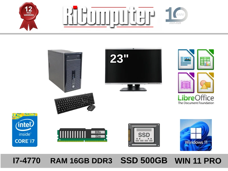 Postazione Pc I7-4770 Ram 16GB SSD 500GB Monitor 23" Mouse e Tastiera Win 11 Pro - Immagine 2 di 3